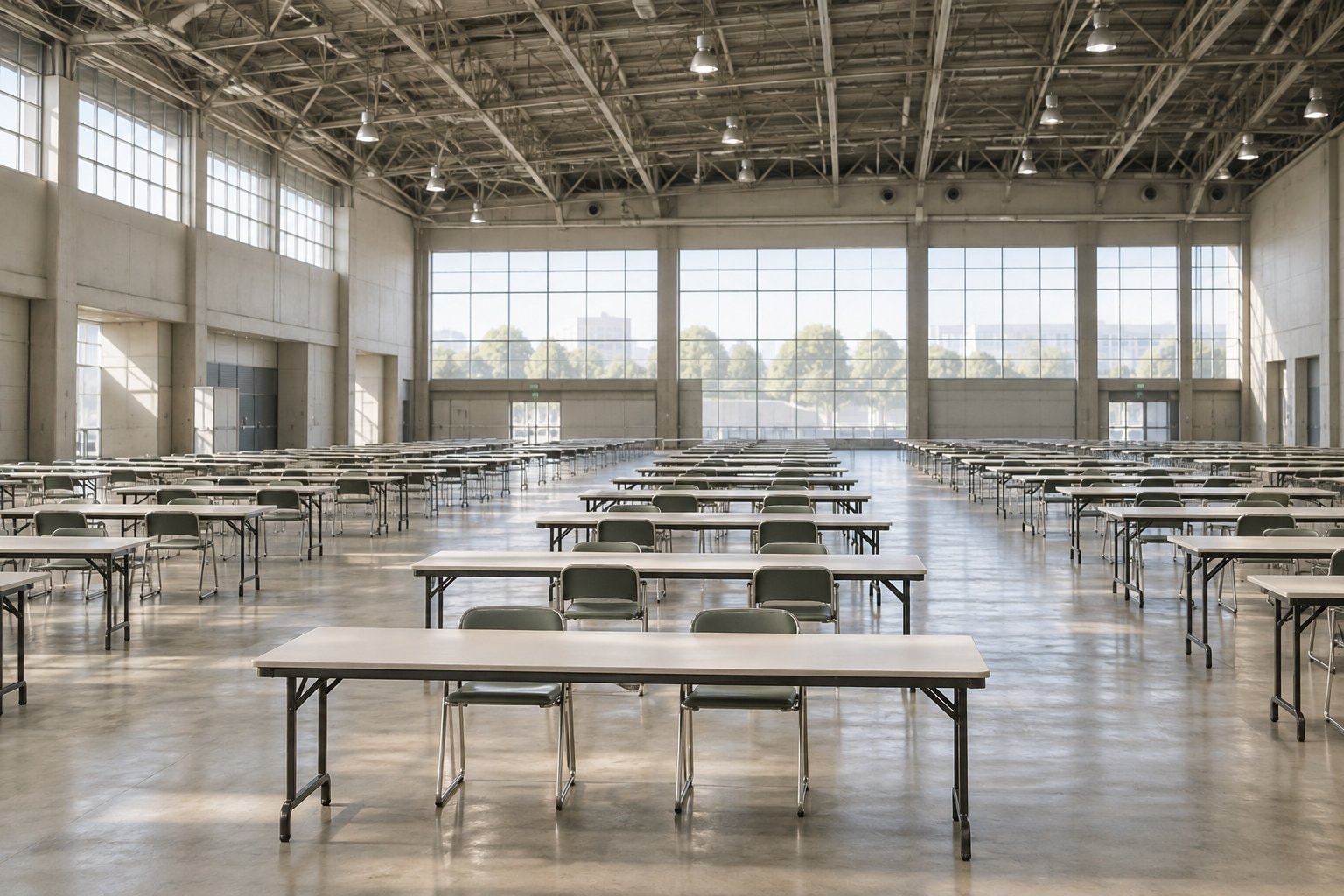 人のいない広い展示ホールに机が並ぶ風景